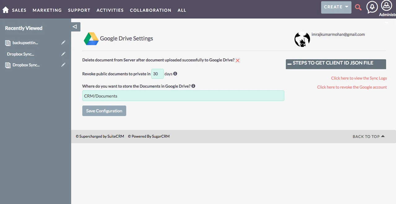 Google Drive settings page in SuiteCRM