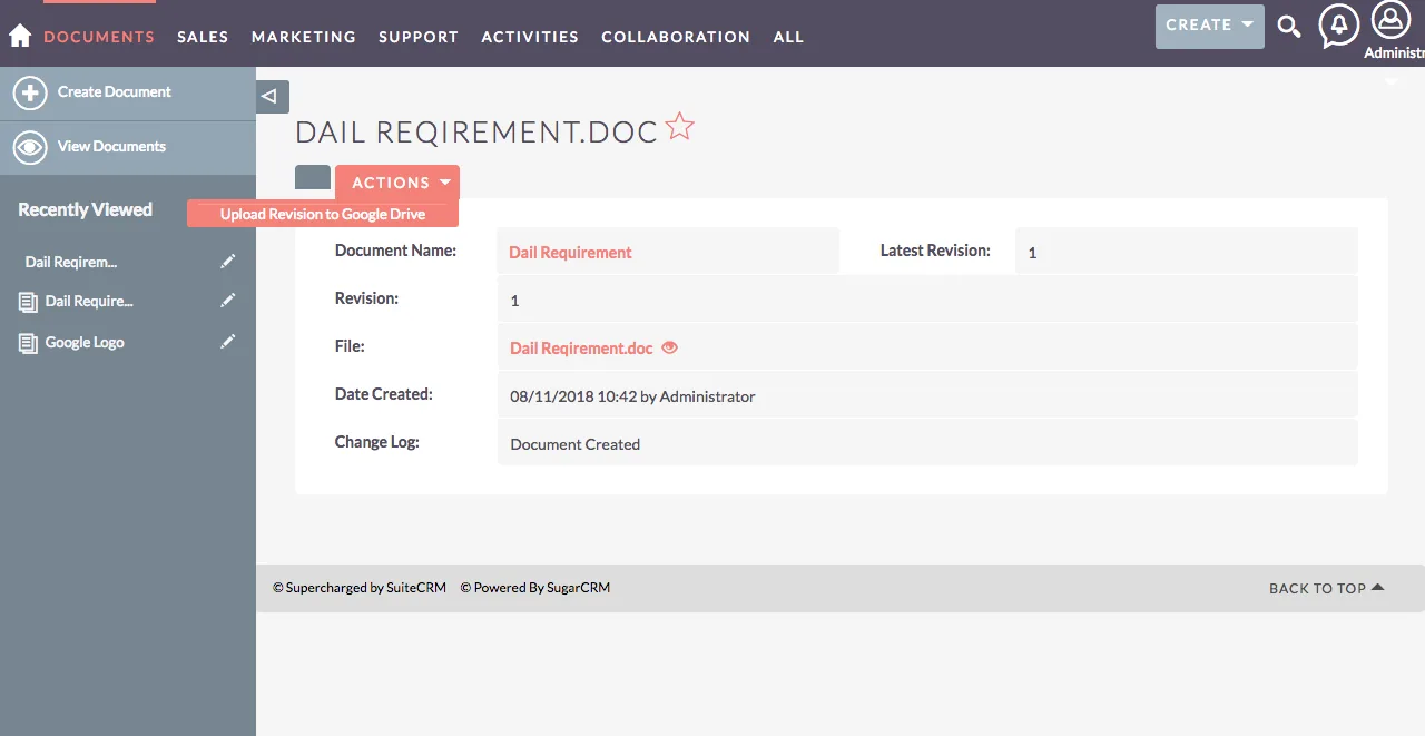 Upload action for an existing SuiteCRM document