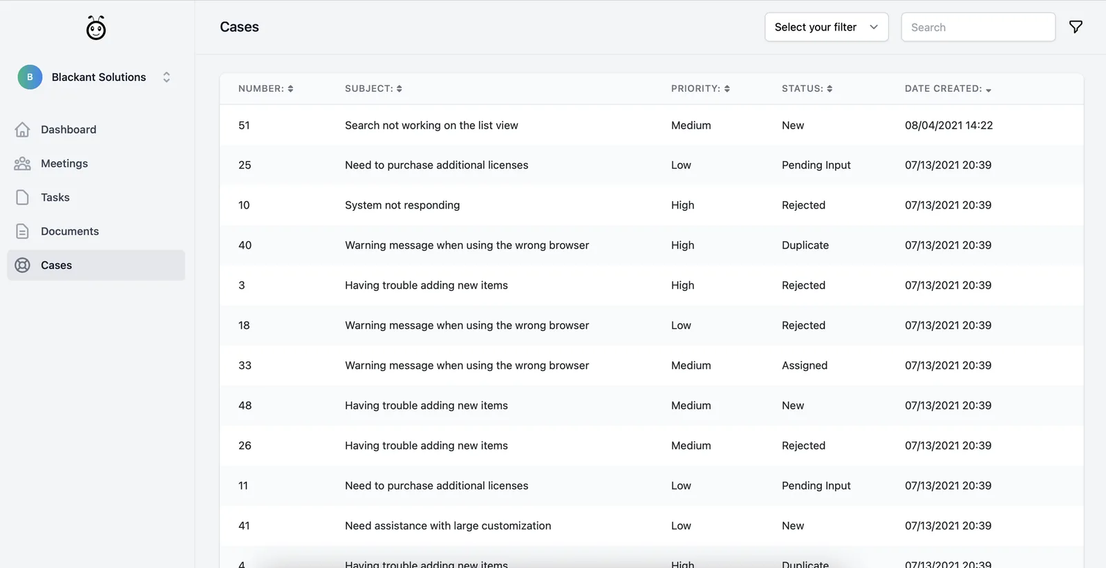 Portal list view of a customer’s support cases with status and priority
