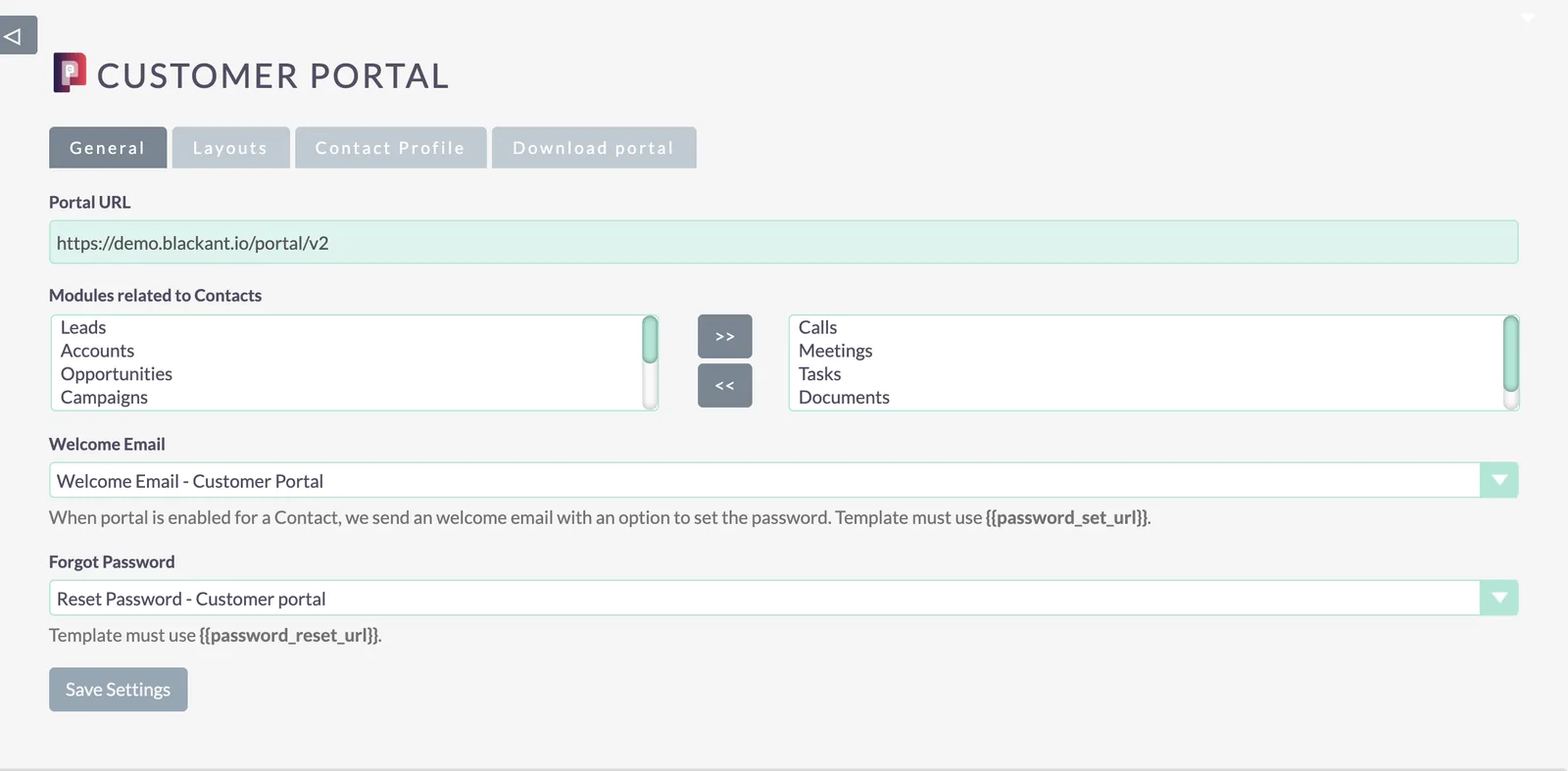 Customer Portal settings in SuiteCRM